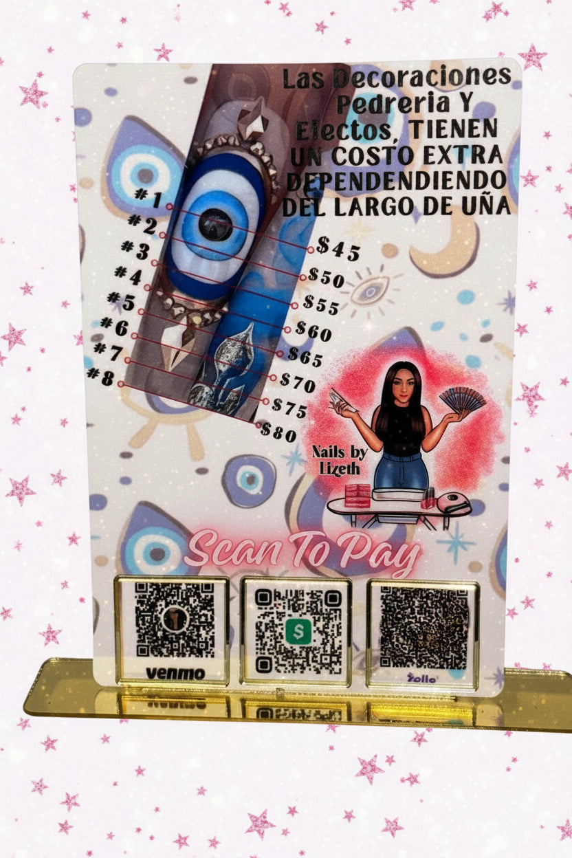 A  Sublimate nail art pricing and payment chart stand on a gold-colored base. The white chart features a large blue eye illustration, price lists, a cartoon illustration of a woman, and three QR codes at the bottom for Venmo, Cash, and Zelle.